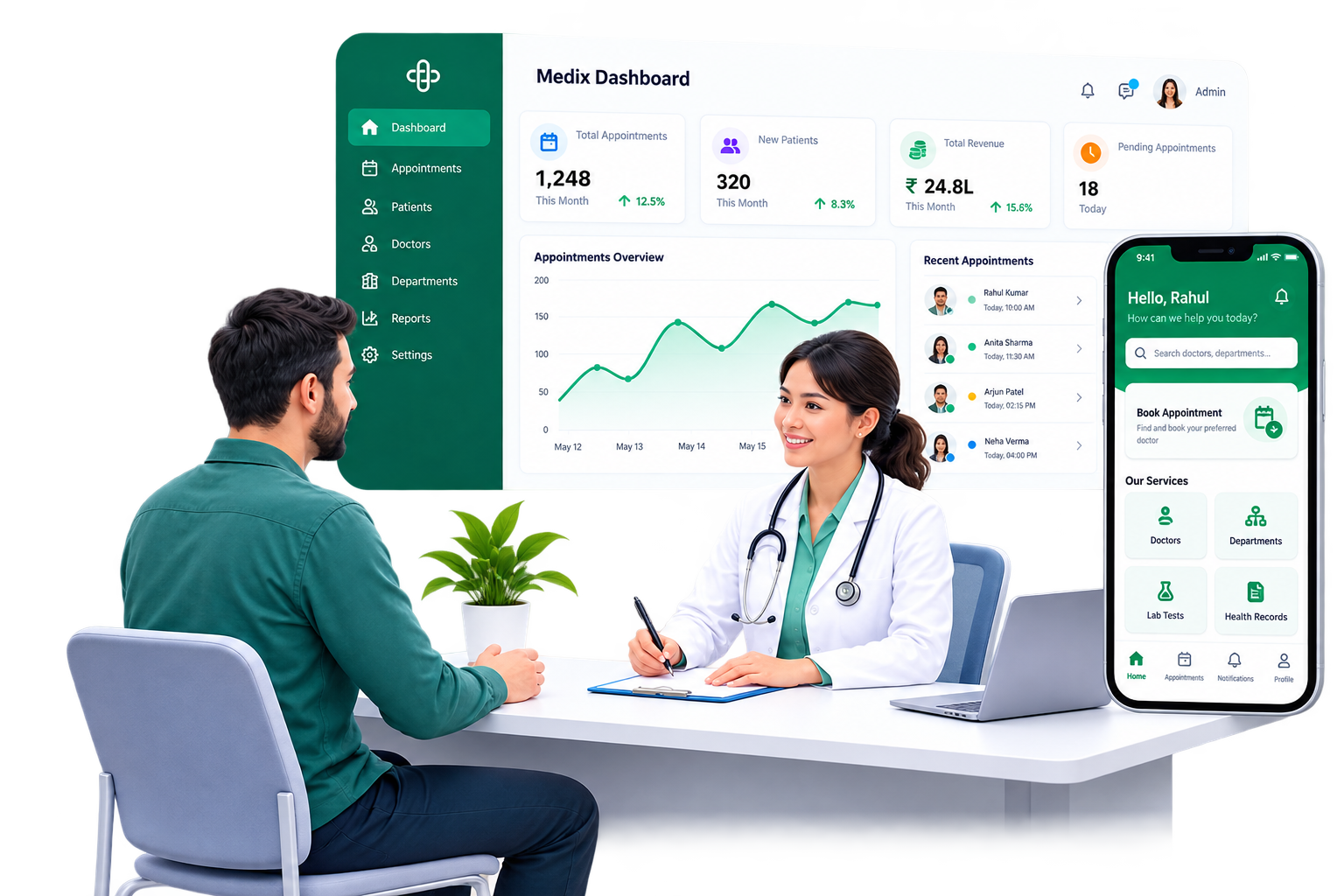 The Medix admin dashboard showing appointment totals, a bookings chart and a recent-appointments list, next to the Medix patient app on a phone
